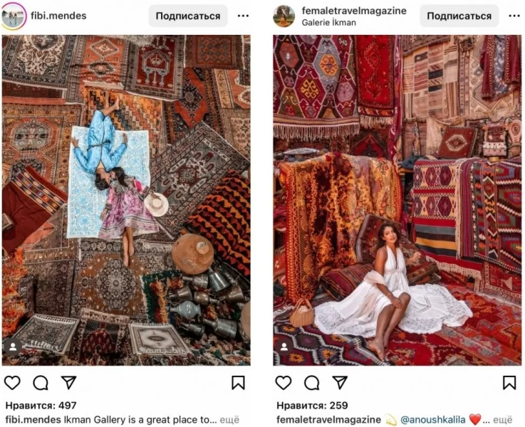 Дівчина сидить серед безлічі яскравих турецьких килимів