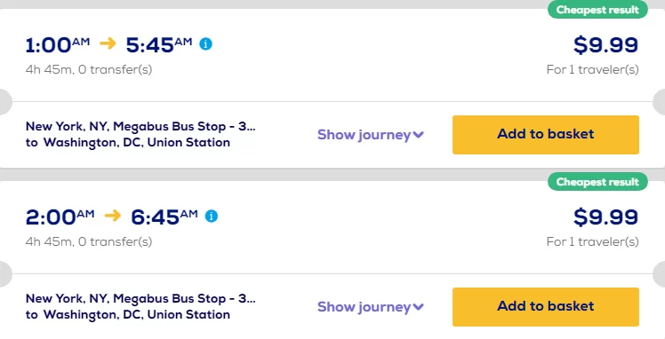 Приклад бронювання квитка на автобус Megabus